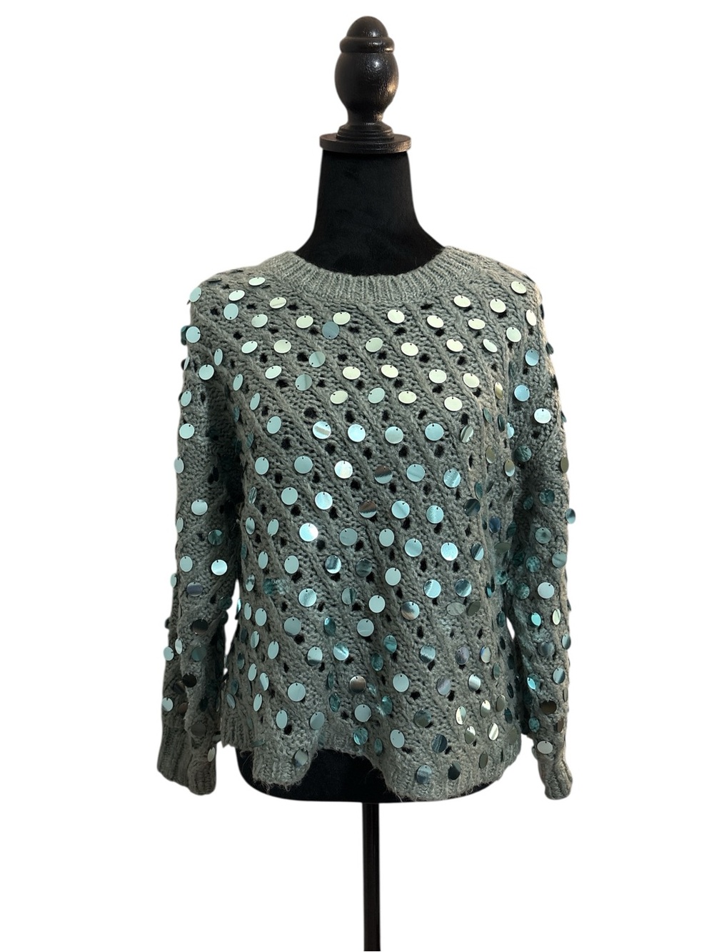 Zara Gray Sequined Crewneck Long Sleeve Knit Pullover Sweater Size Medium